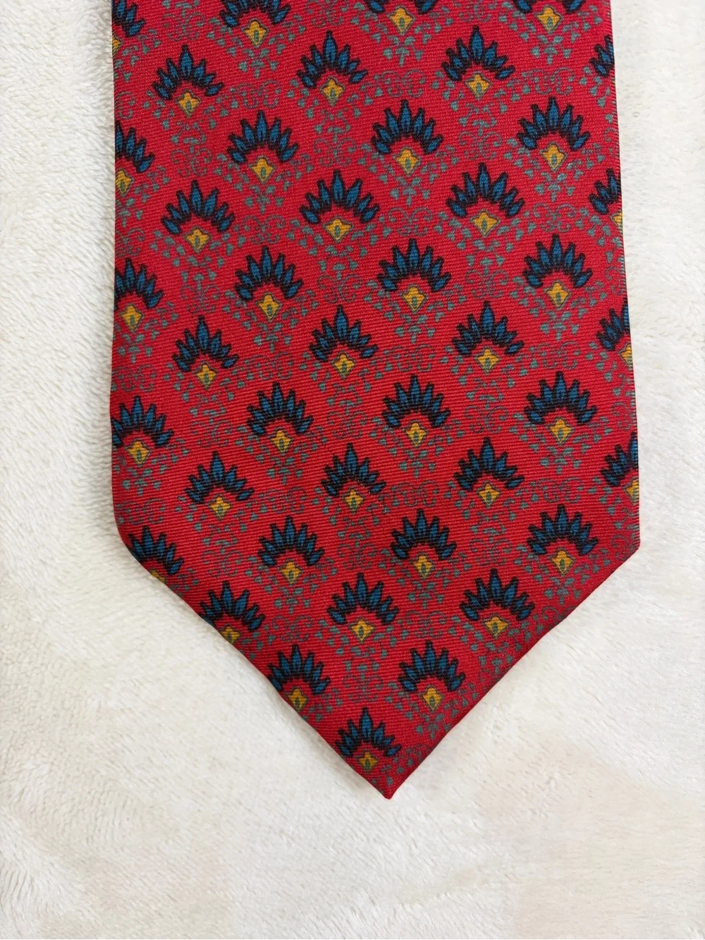 Vintage Christian Dior Geometric medallion w Blue & Gold Tones on Crimson Base